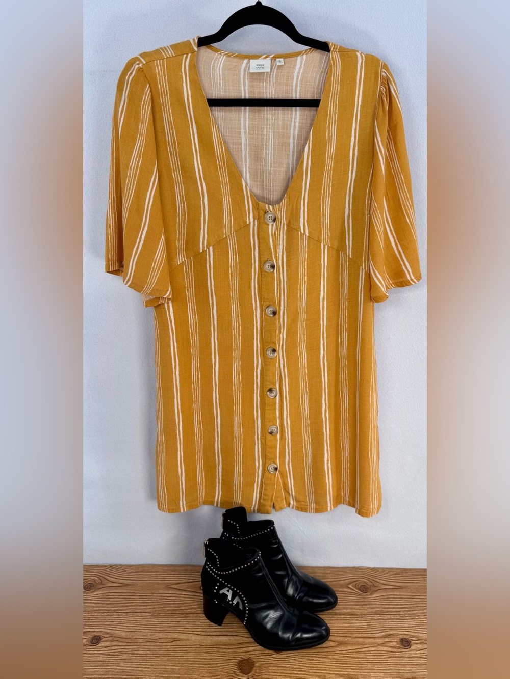 Good Luck Gem Womens Large Mustard Striped Button Front Boho Mini Dress L